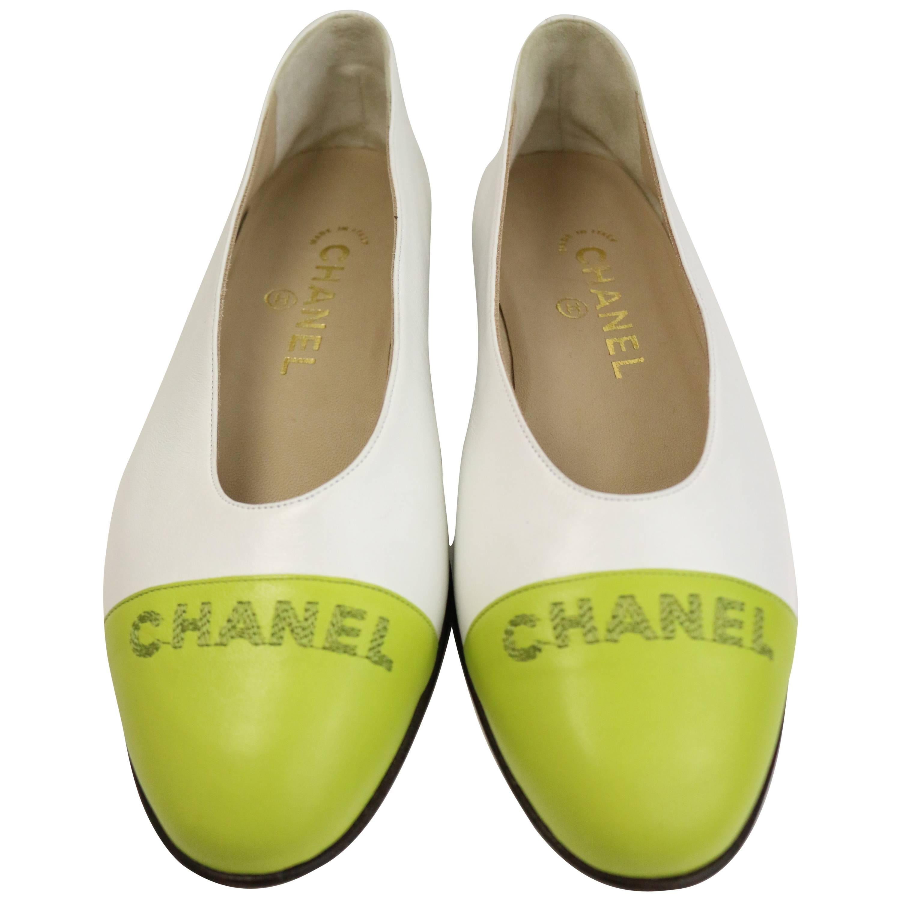 Chanel Bi Tones White/Green Leather Flats