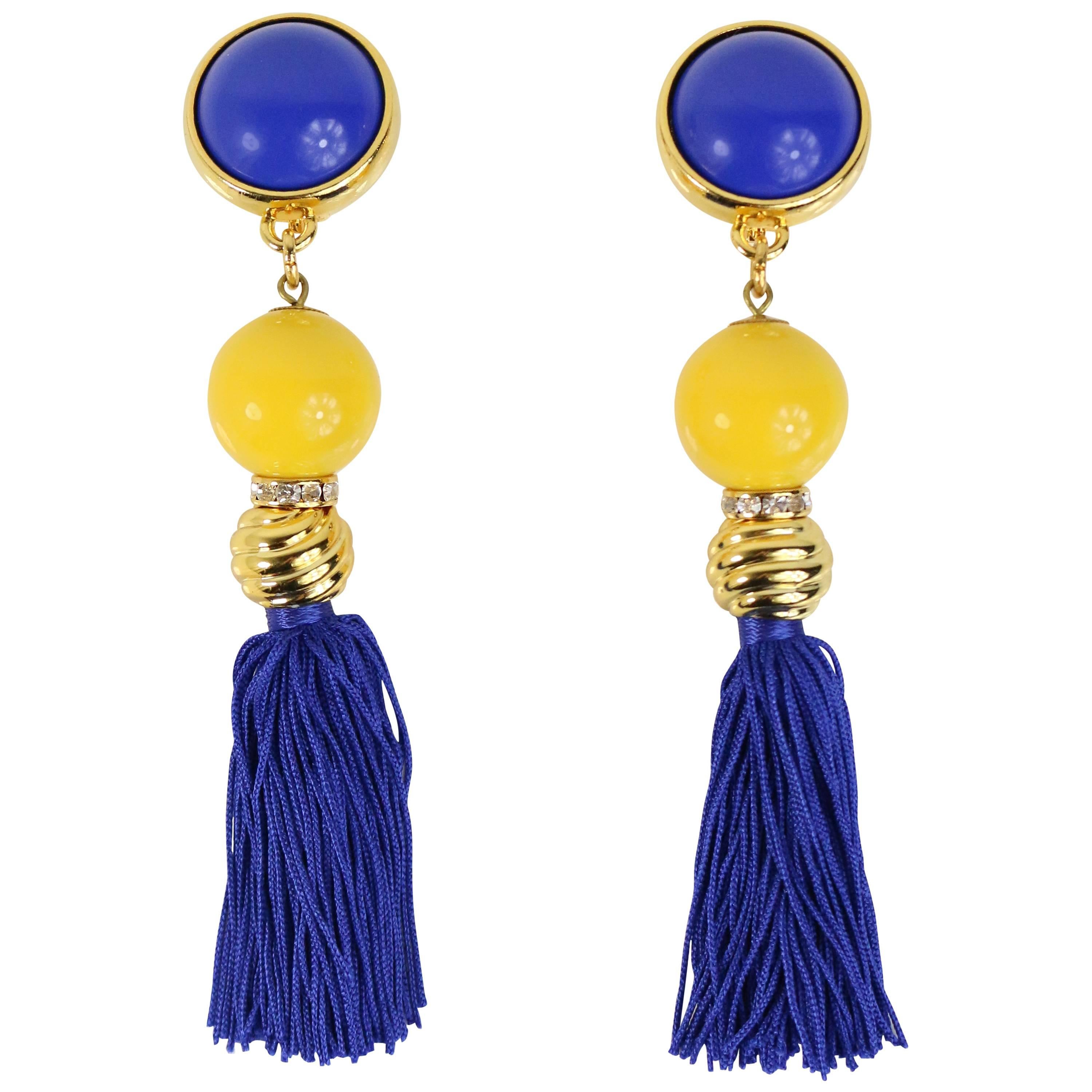 Escada Gold Tone Yellow/Midnight Blue Tassel Drop Clip On Earrings  For Sale