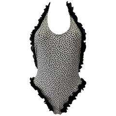 Retro Rare Coquettish Ruffle Trim Black and White Mini Floral Print Swimsuit
