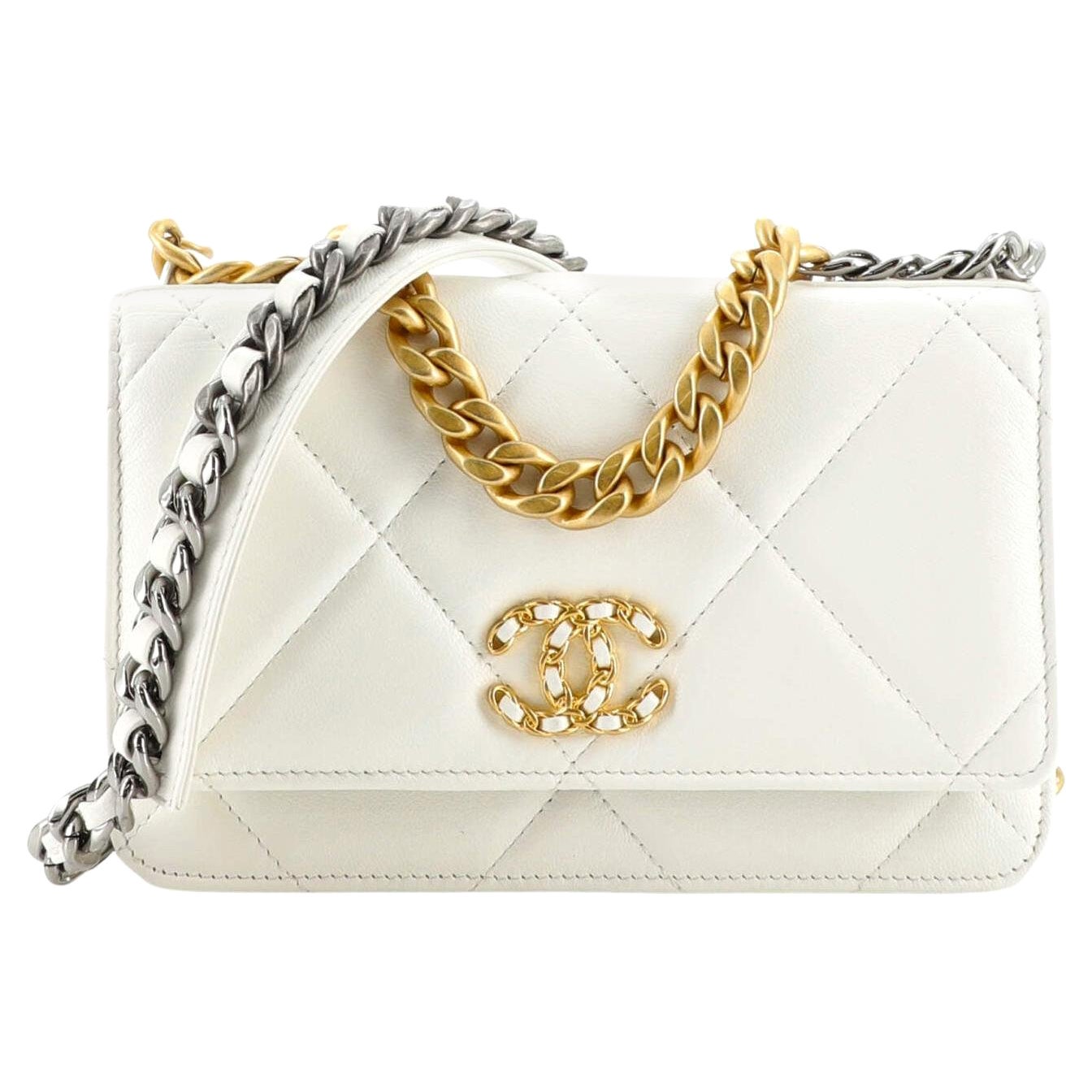CHANEL Lambskin Quilted CC Pearl Crush Wallet on Chain WOC Grey 822843