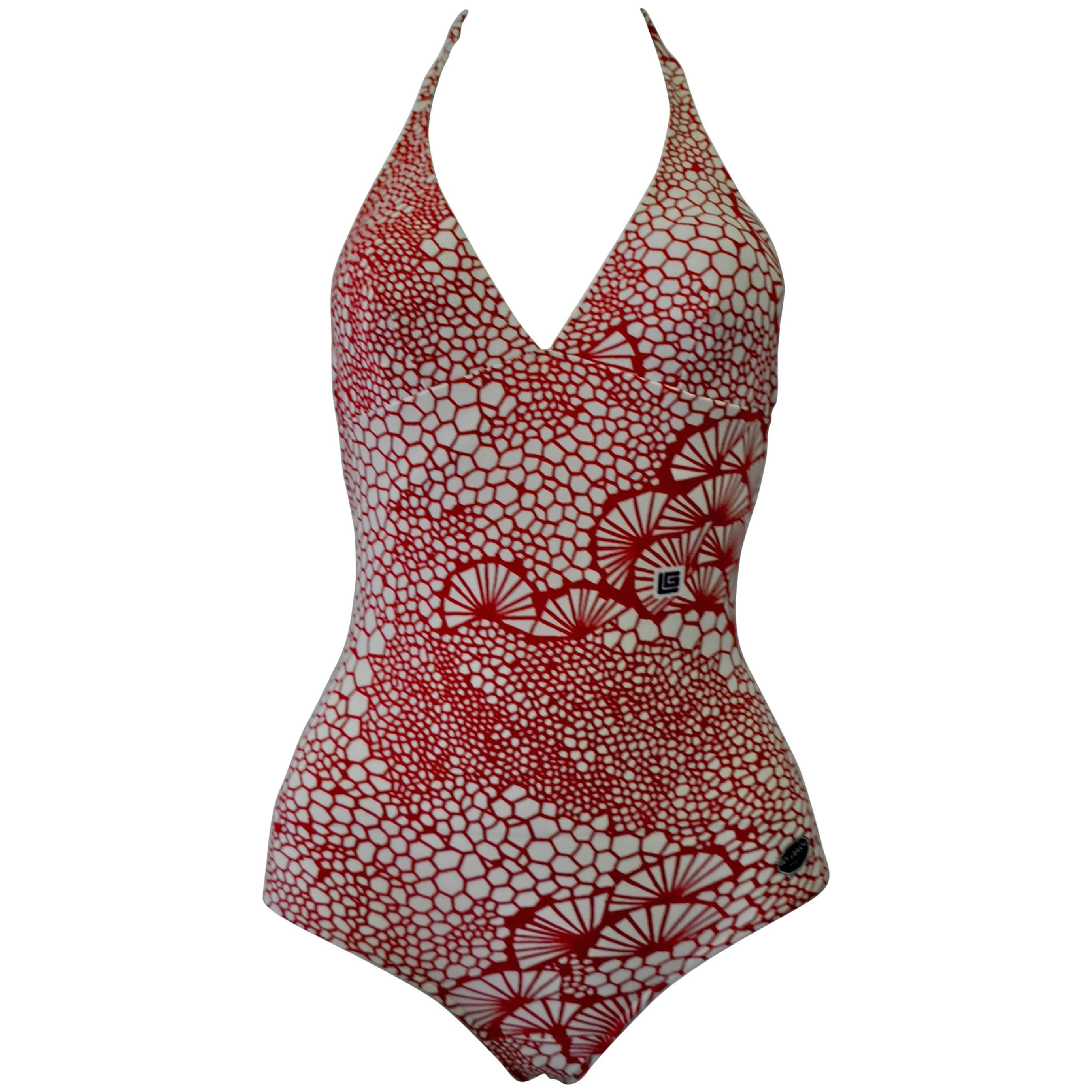 Guy Laroche Nippon Inspired Print Swimsuit Featuring Rare Initials Logo For Sale