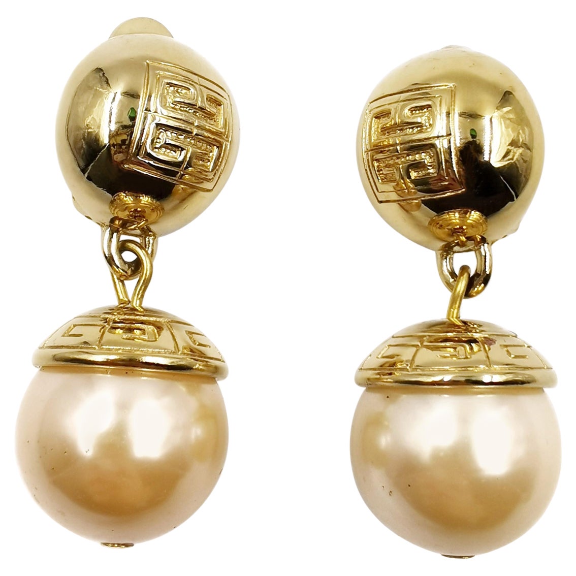 Givenchy Vintage Jumbo Oversized Pearl Gold Drop Clip On Earrings For Sale