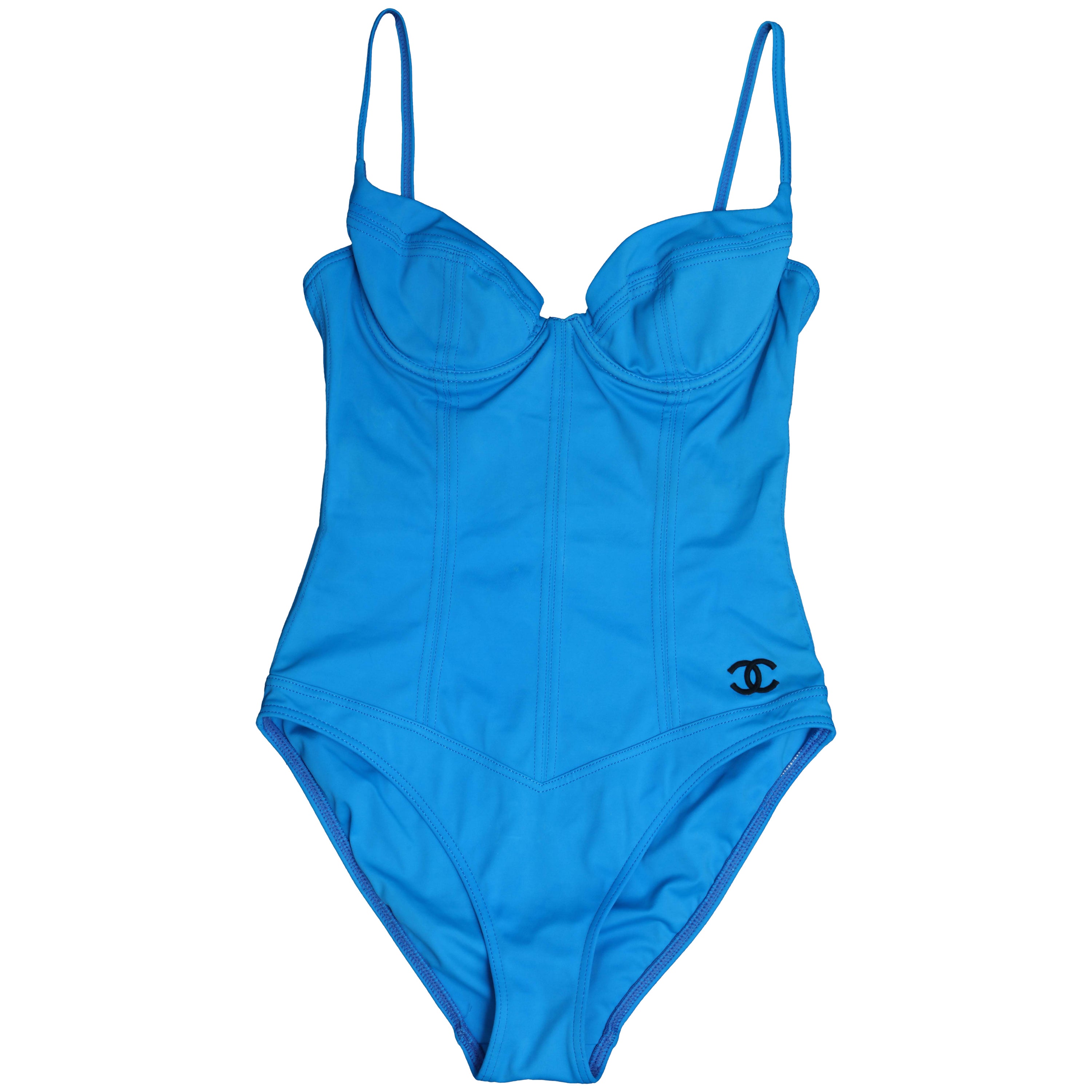 Vintage Chanel 1995 Blue Swimsuits As Seen on Claudia Schiffer at 1stDibs | claudia  schiffer swimsuit, chanel blue bikini, claudia schiffer chanel 1995