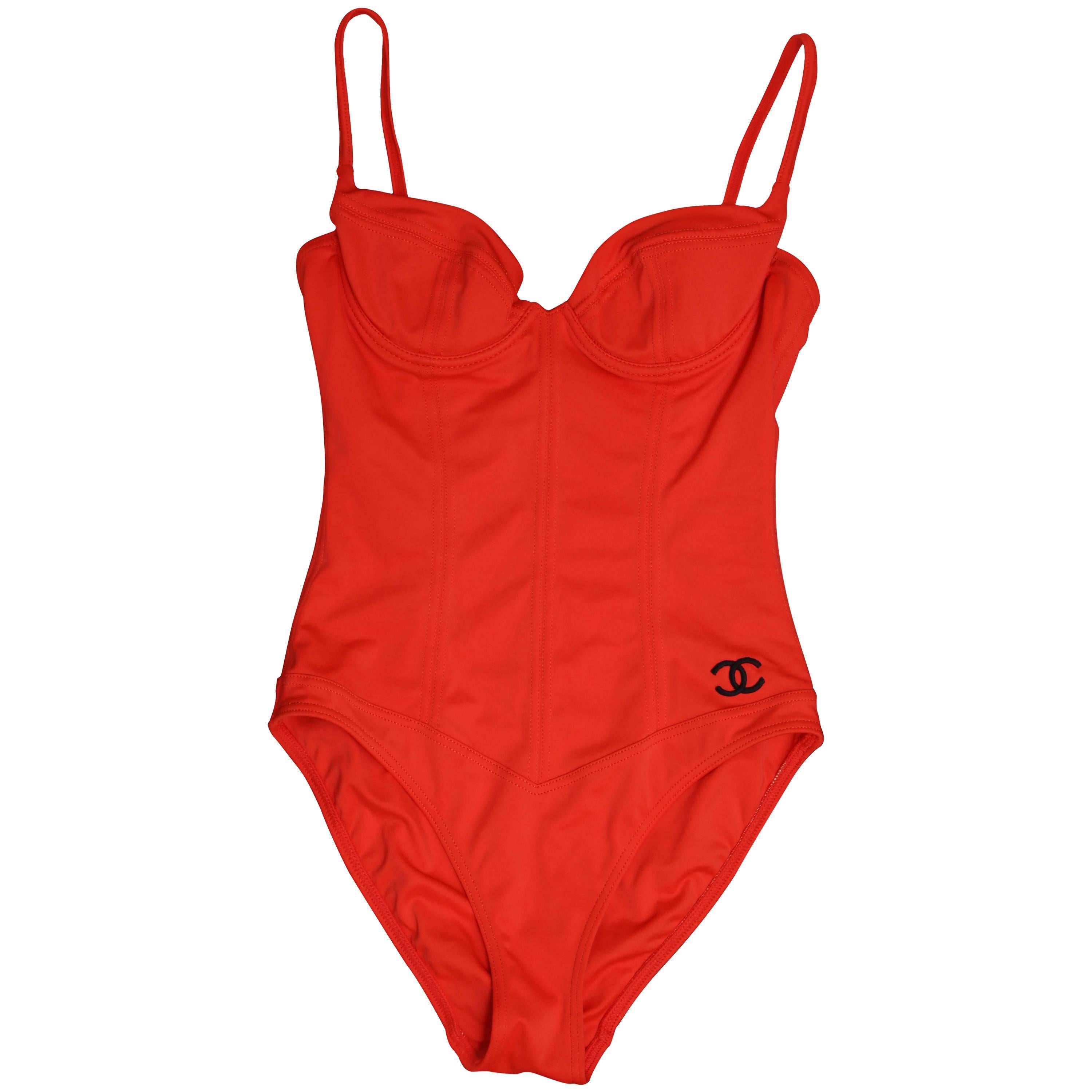  Vintage Chanel 1995 Red Swimsuits As Seen on Claudia Schiffer