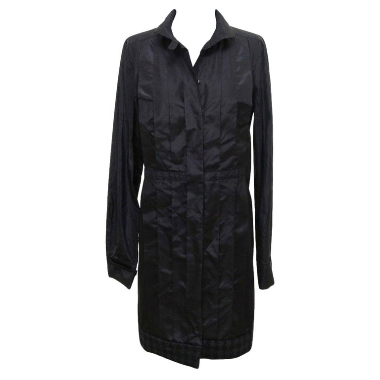 Chanel Black Silk Taffeta Coat Dress Cashmere Trim Button Down Sz 40 08A  2008