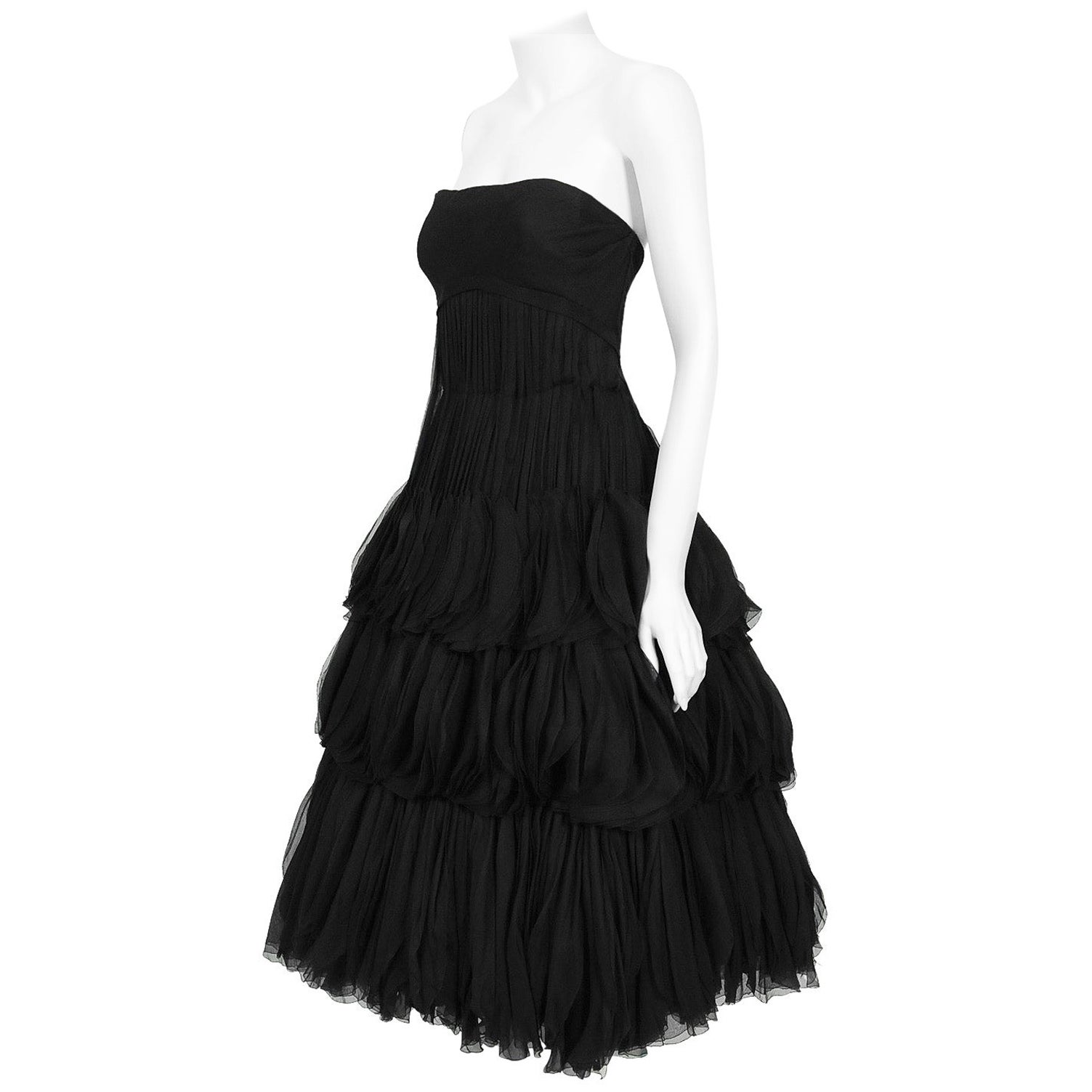 Vintage 1955 Jean Dessès Haute Couture Documented Black Silk-Chiffon Petal Dress For Sale