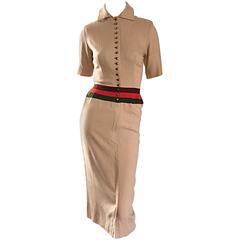 Rare 1950s Charles Cooper for Neiman Marcus Tan Linen Striped Wiggle Dress