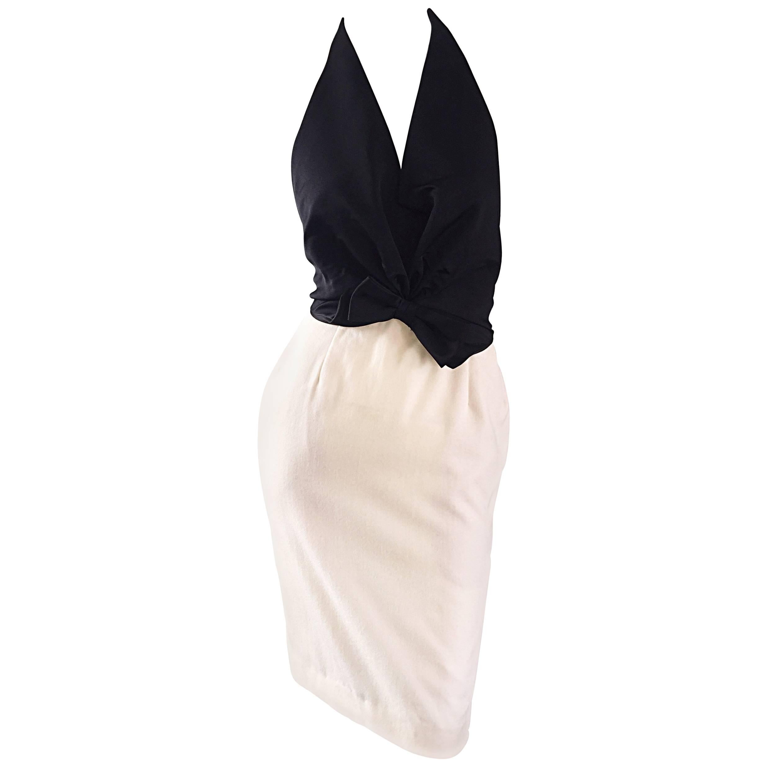 Vintage Bill Blass Black + Ivory Size 2 Sexy Open Back Halter Cocktail Dress