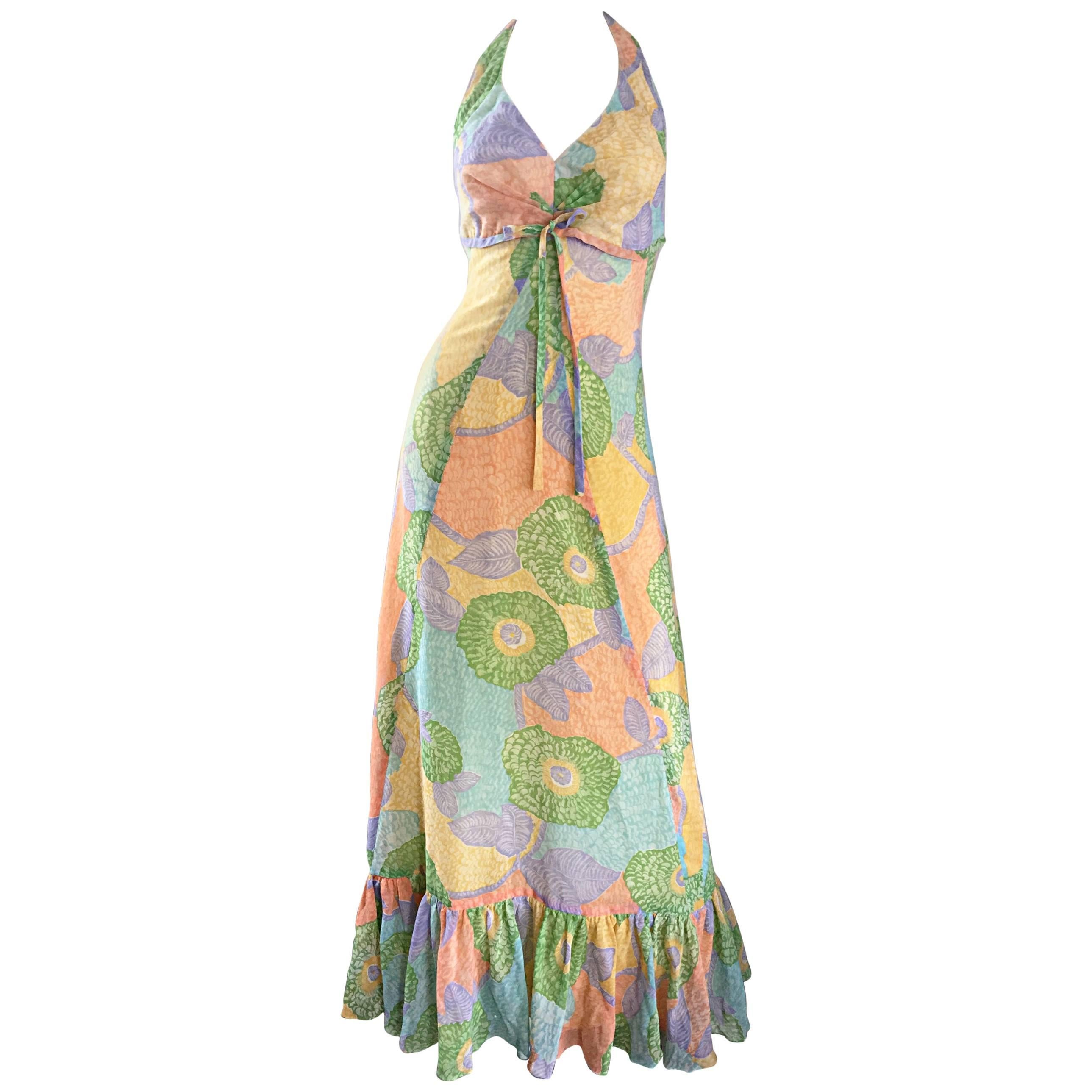 Fabulous 1970s Elliette Lewis Colorful Flower Cotton Voile 70s Halter Maxi Dress