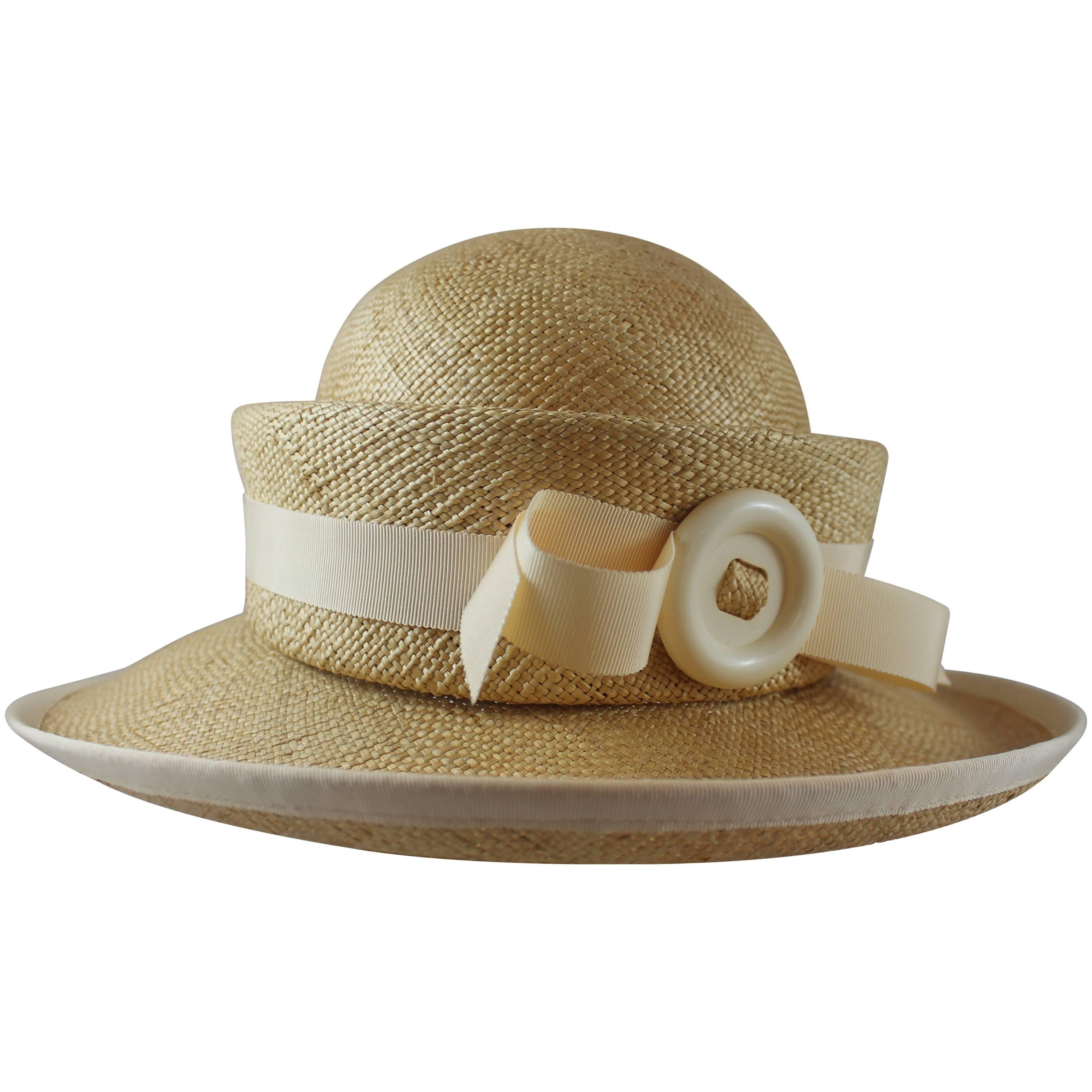 Suzanne Couture Millinery Tan Straw Hat with Ivory Ribbon Trim & Bow  For Sale