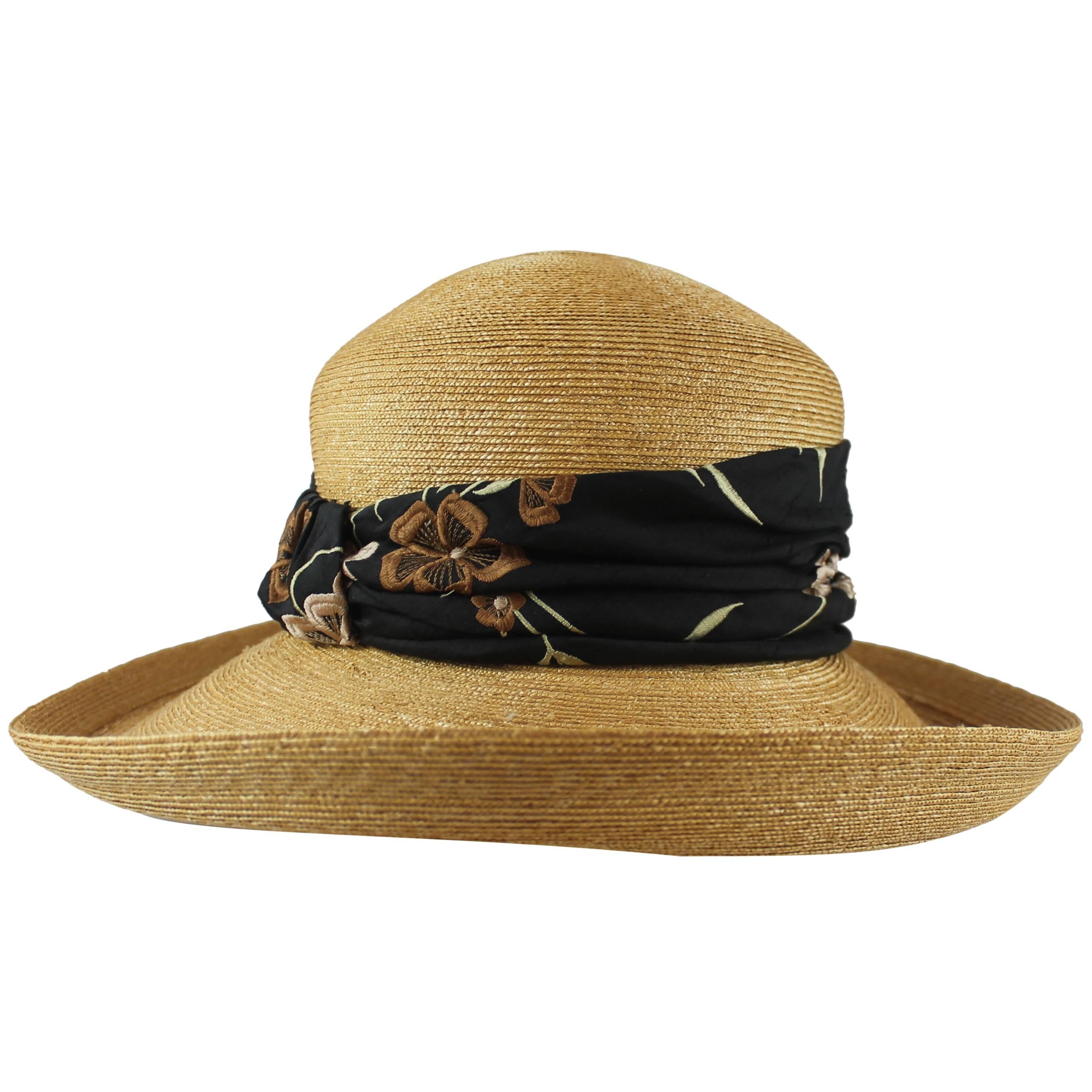 Suzanne Couture Millinery Tan Straw Hat with Black Floral Ribbon 