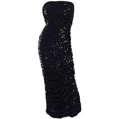 Oleg Cassini Black Sequined Vintage Strapless Ruched Full Length Evening Gown 7