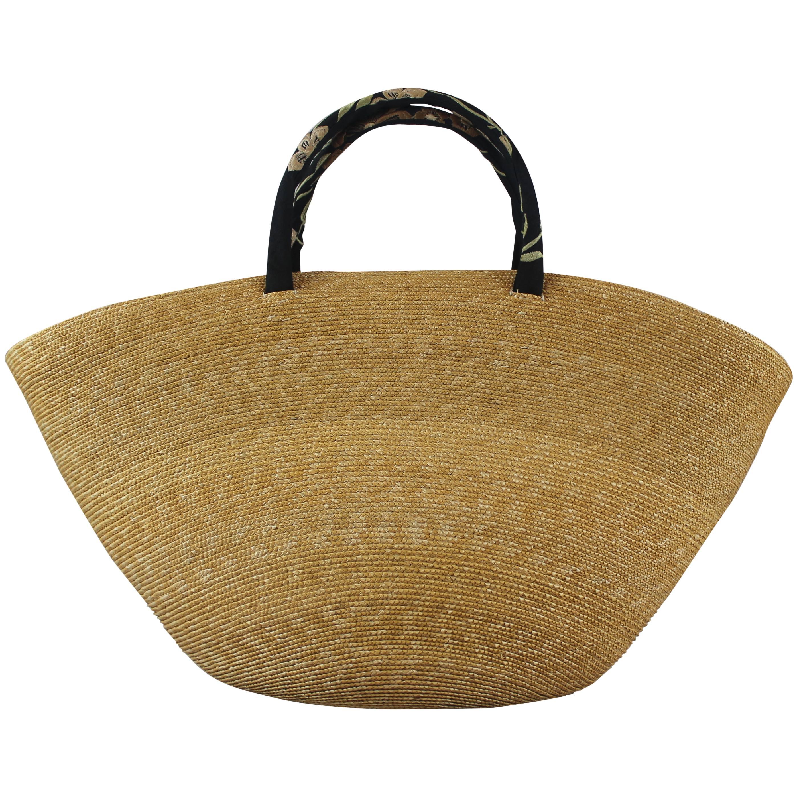 Suzanne Couture Millinery Small Tan Woven Straw Bag with Floral Handles