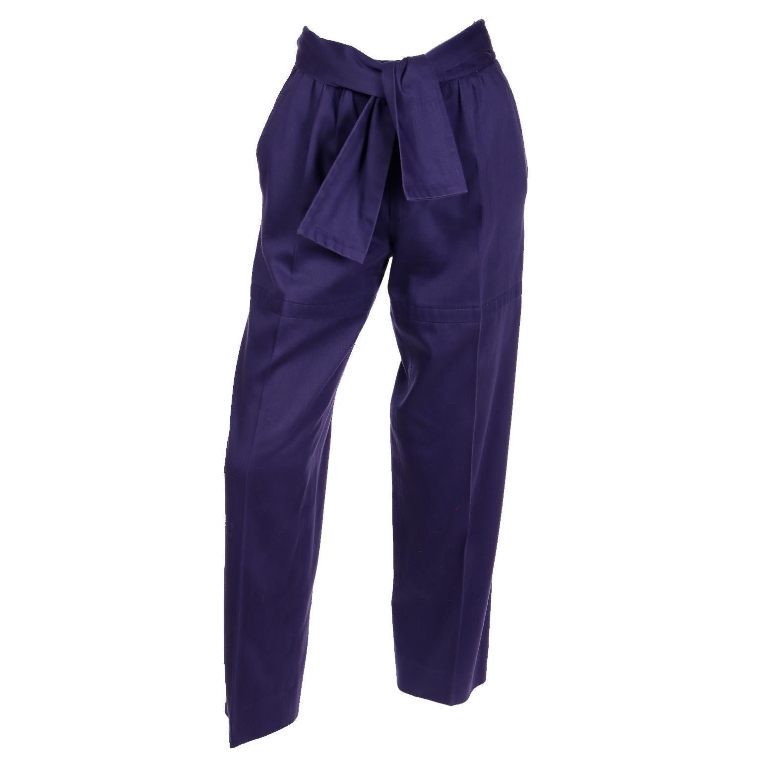 Yves Saint Laurent YSL Vintage Deep Purple Cotton Trousers W Self Tie Sash Belt For Sale