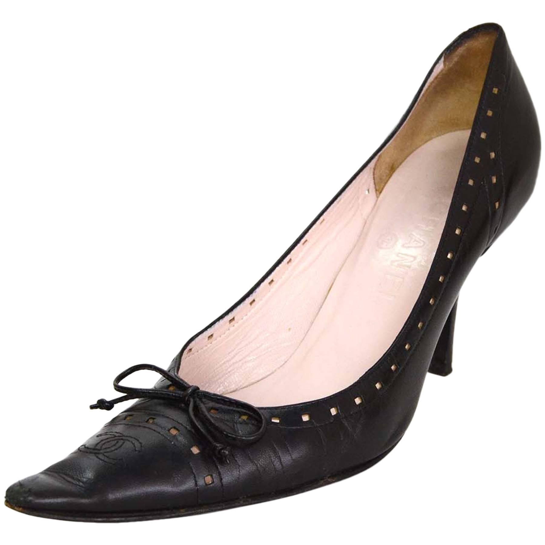 Chanel Perforated Black Pointed Toe Pumps Sz 38.5