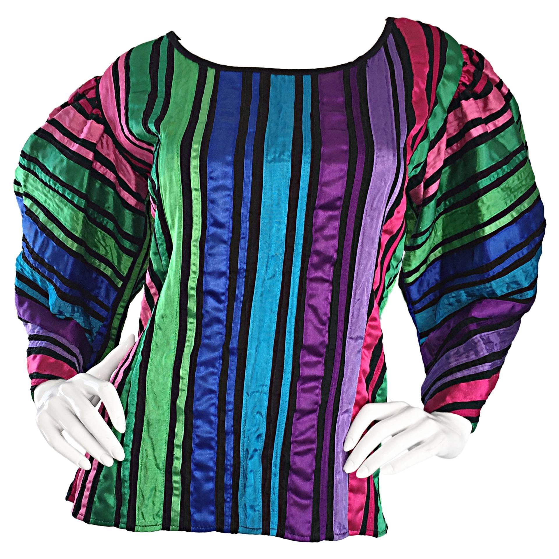 Tachi Castillo Vintage Mexican Colorful Rainbow Striped Cotton Avant Garde Top For Sale