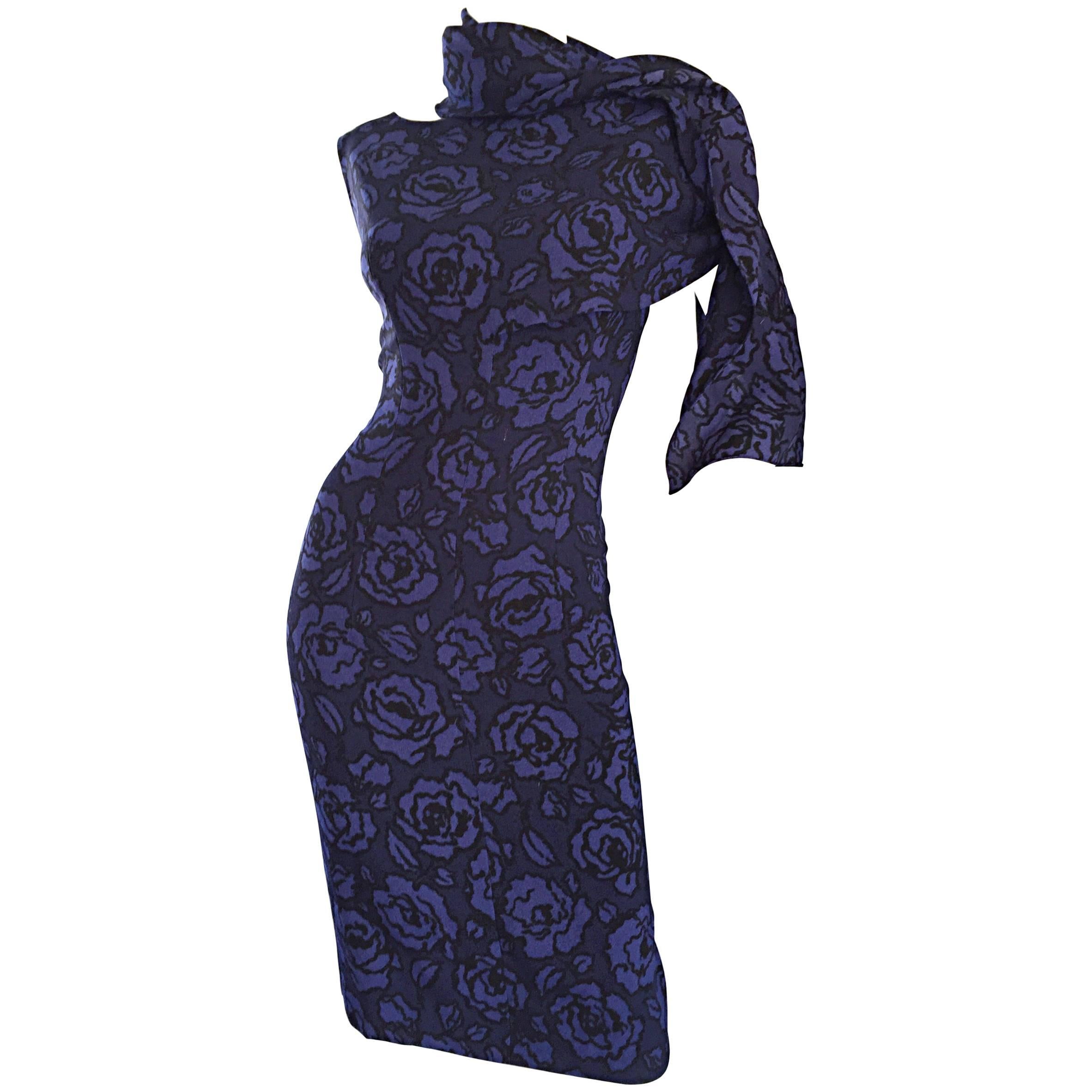 1950s James Galanos for Elizabeth Arden Blue Rose Print Wiggle Scarf Dress