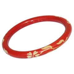 French Art Deco Red Celluloid Bracelet Bangle with White Floral Design