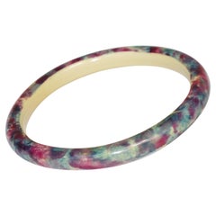 French Art Deco Celluloid Bracelet Bangle with Blue and Pink Sponge Design