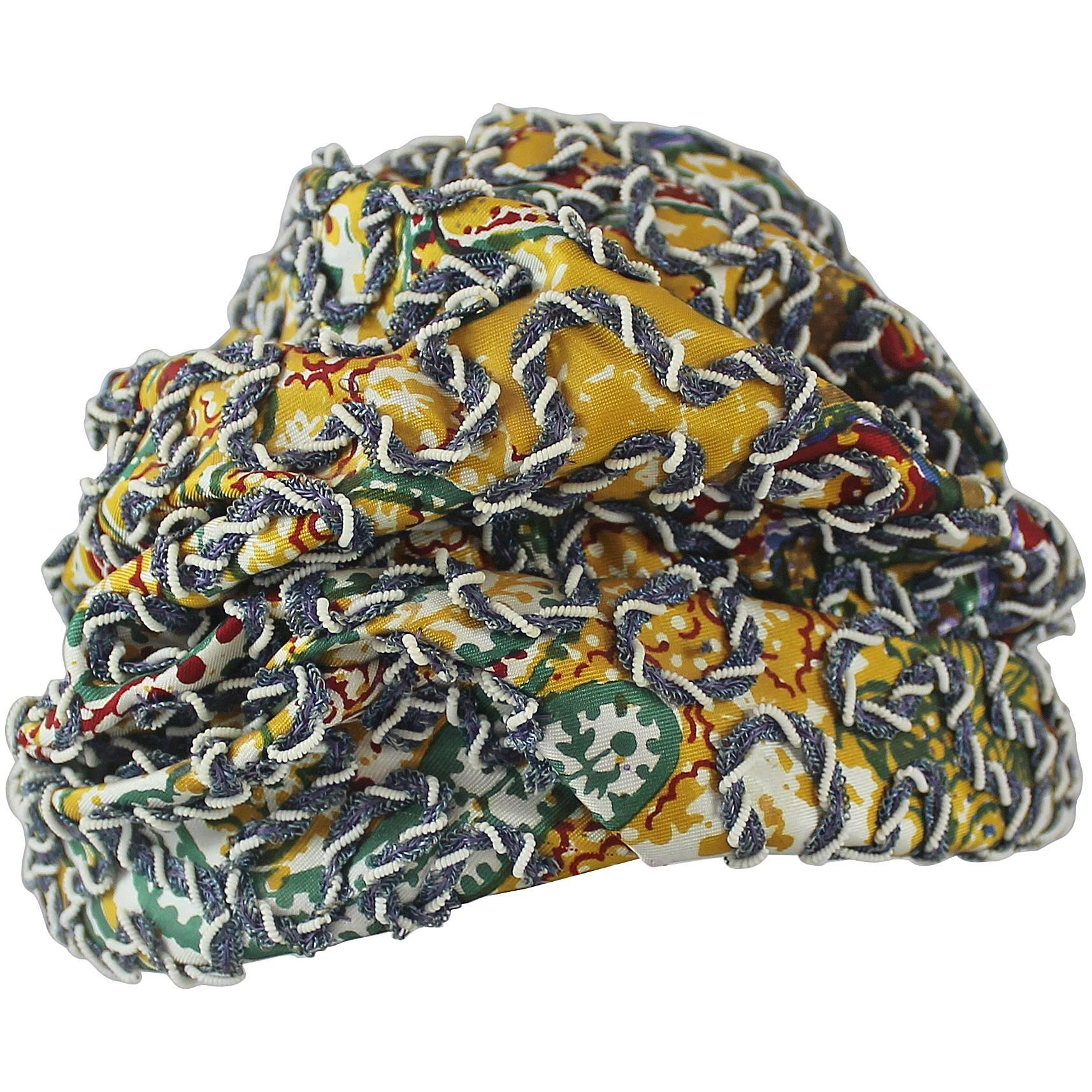 Strawbridge & Clothier Vintage Multicolor Ruched Embroidered Hat - 1960's 