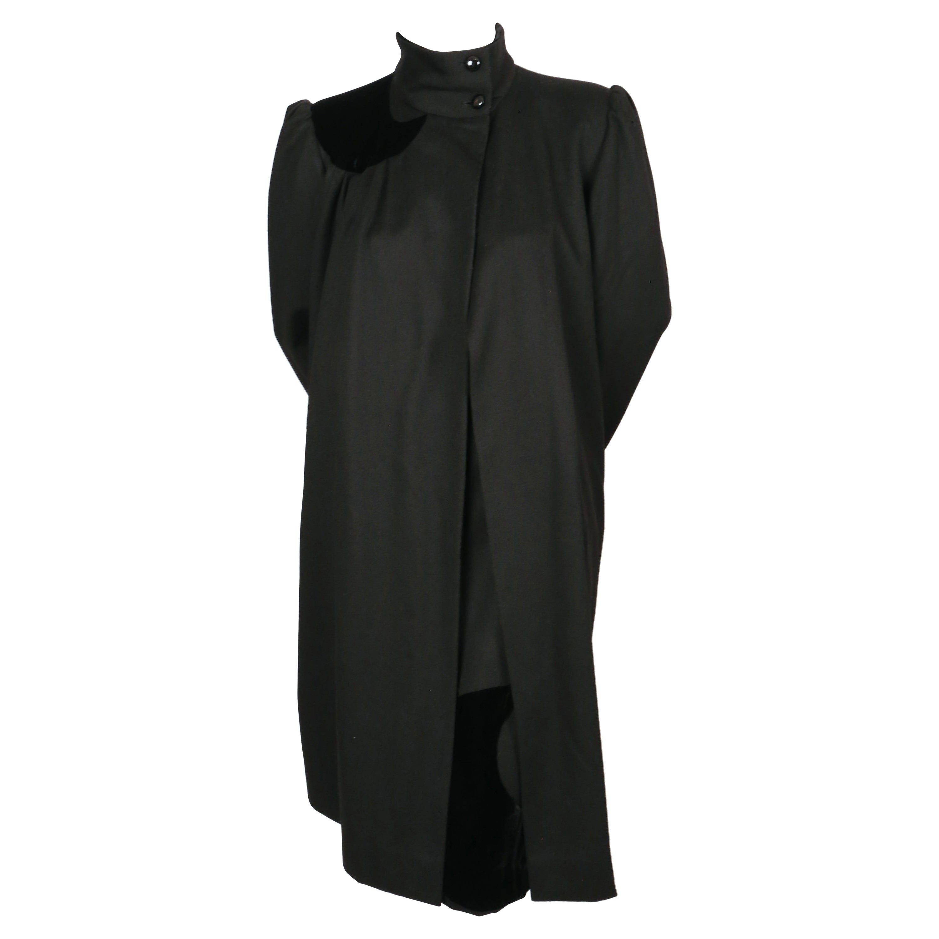 1980's VALENTINO black wool coat and matching skirt with velvet detail For Sale