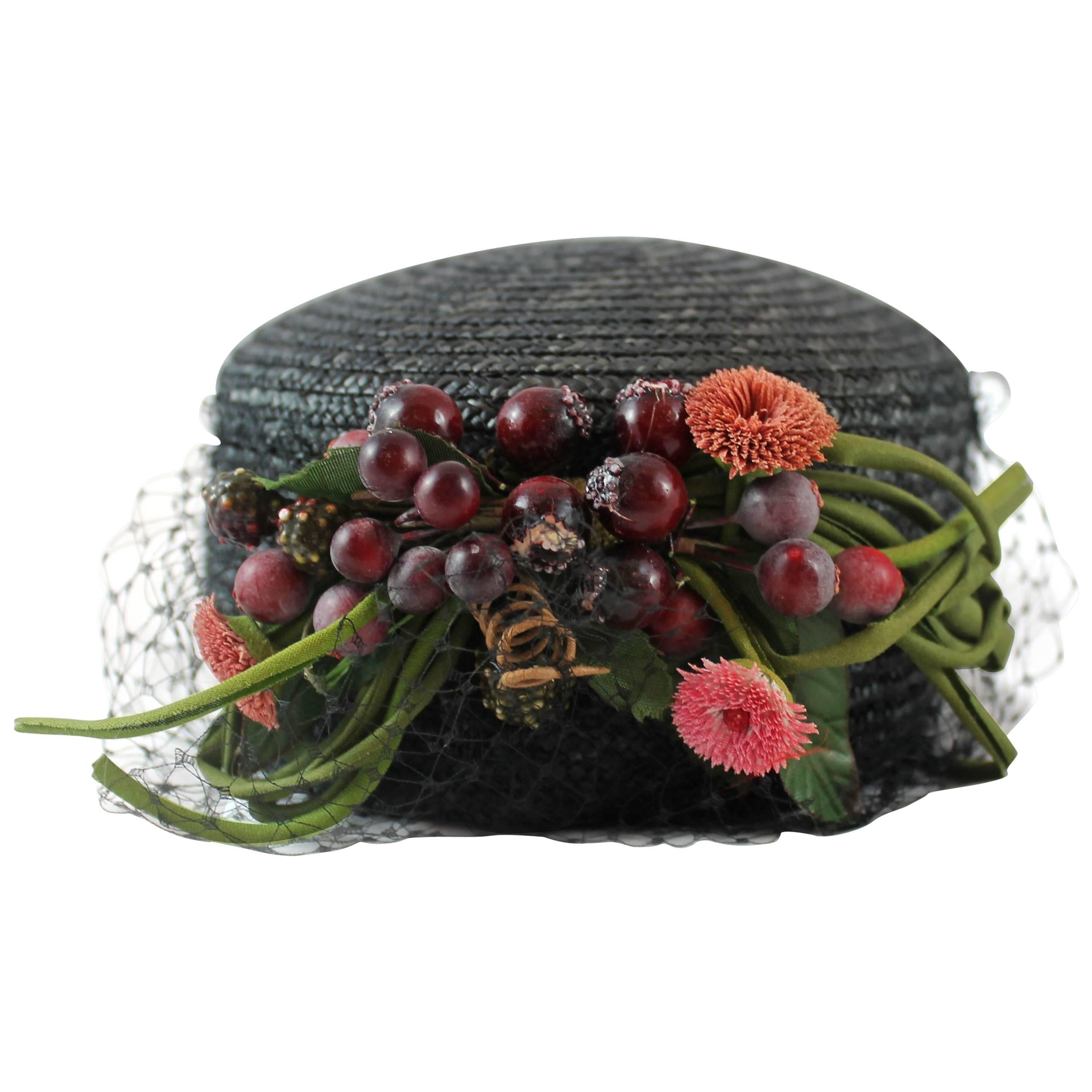 Vintage Black Straw Hat with Net and Plastic Fruit