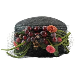 Vintage Black Straw Hat with Net and Plastic Fruit