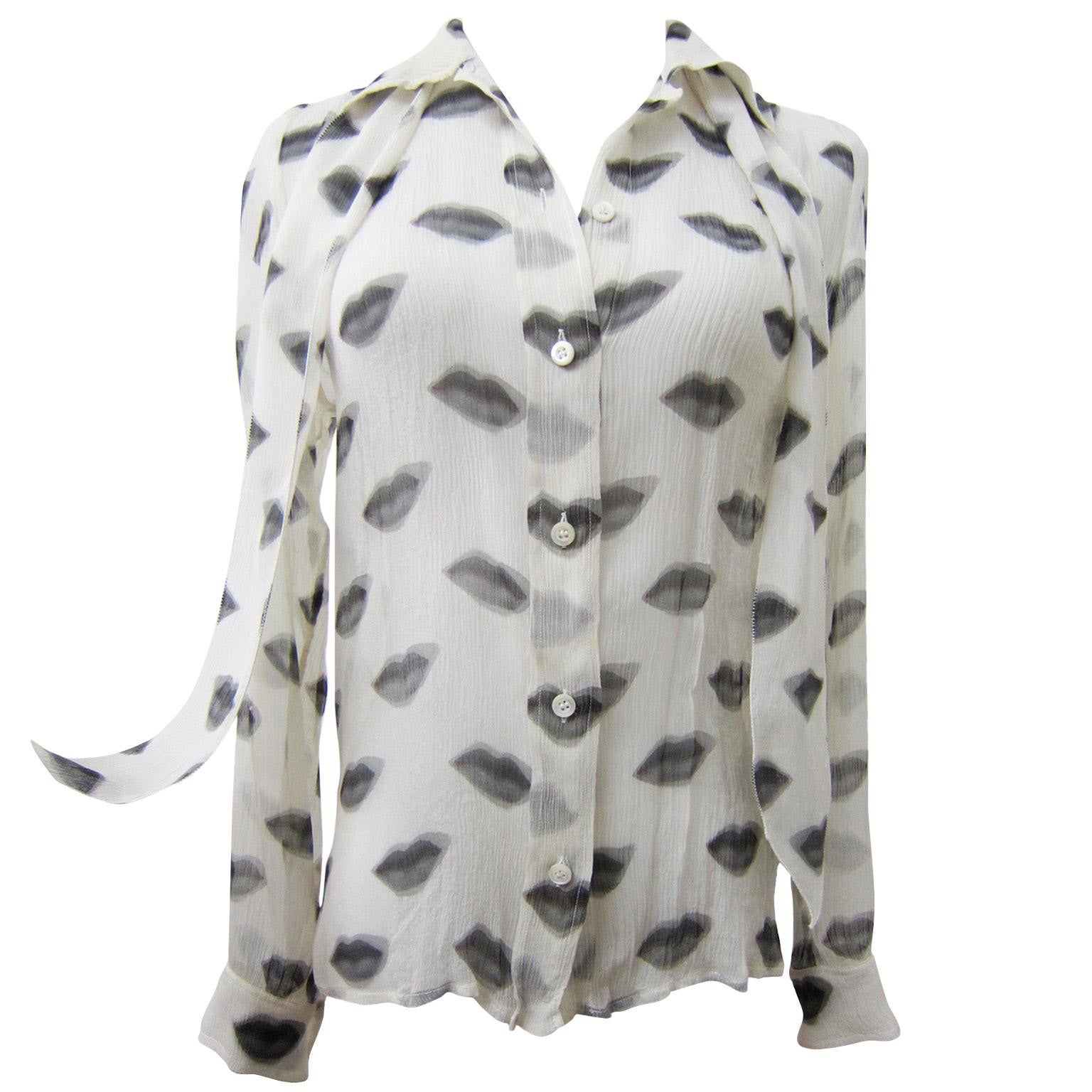 Prada Iconic Black Lip Print Silk White Blouse Top With Bow SS 2000 For Sale