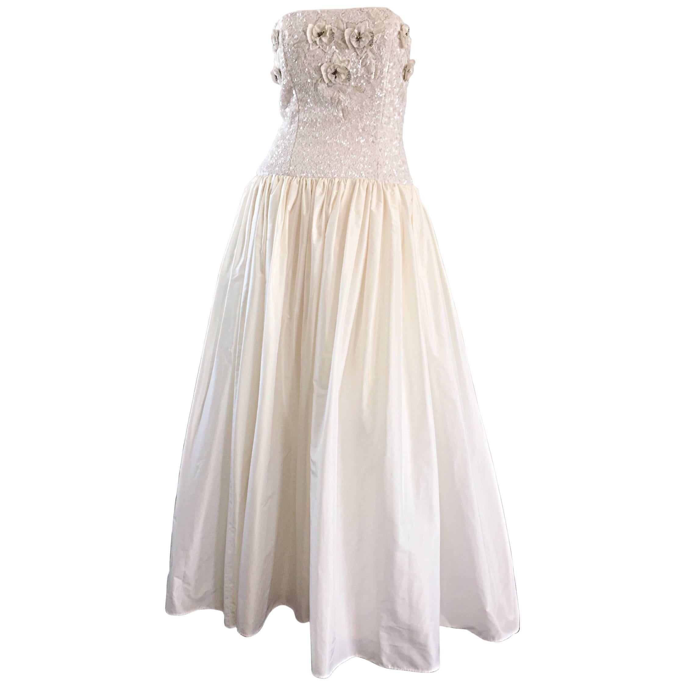 Beautiful Vintage Richilene White Silk Taffeta Sequin Beaded Evening Gown Dress