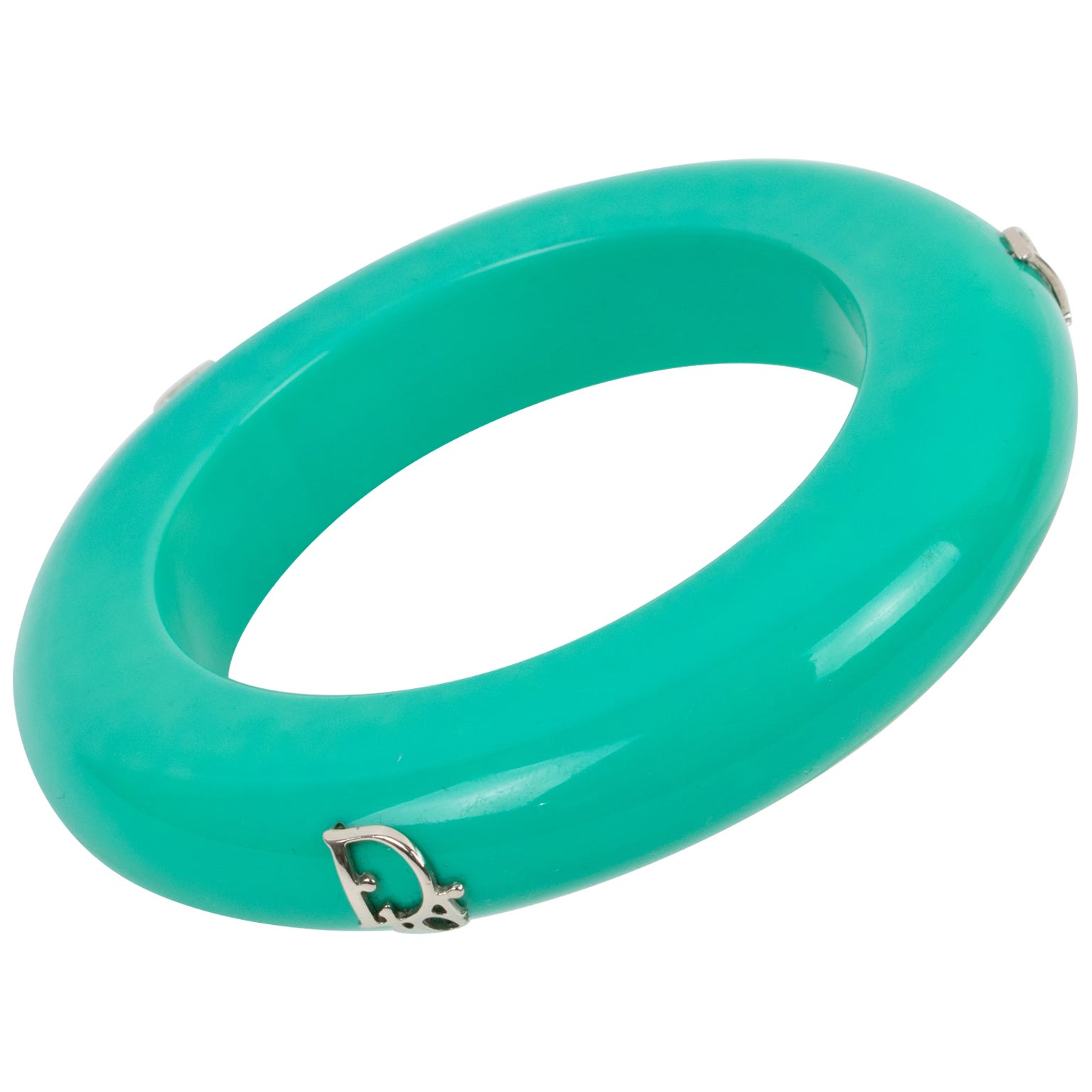 Christian Dior Turquoise Resin Acrylic Bracelet Bangle with Silvered Logo For Sale