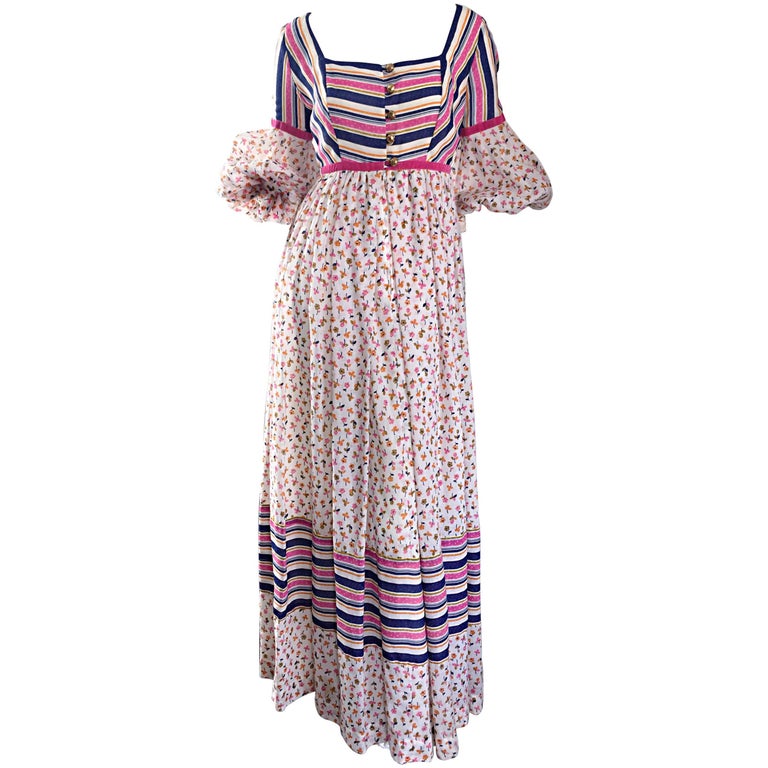 70s Jay Morley for Fern Violette Peasant Sleeve Boho Pink Silk Cotton Maxi Dress For Sale
