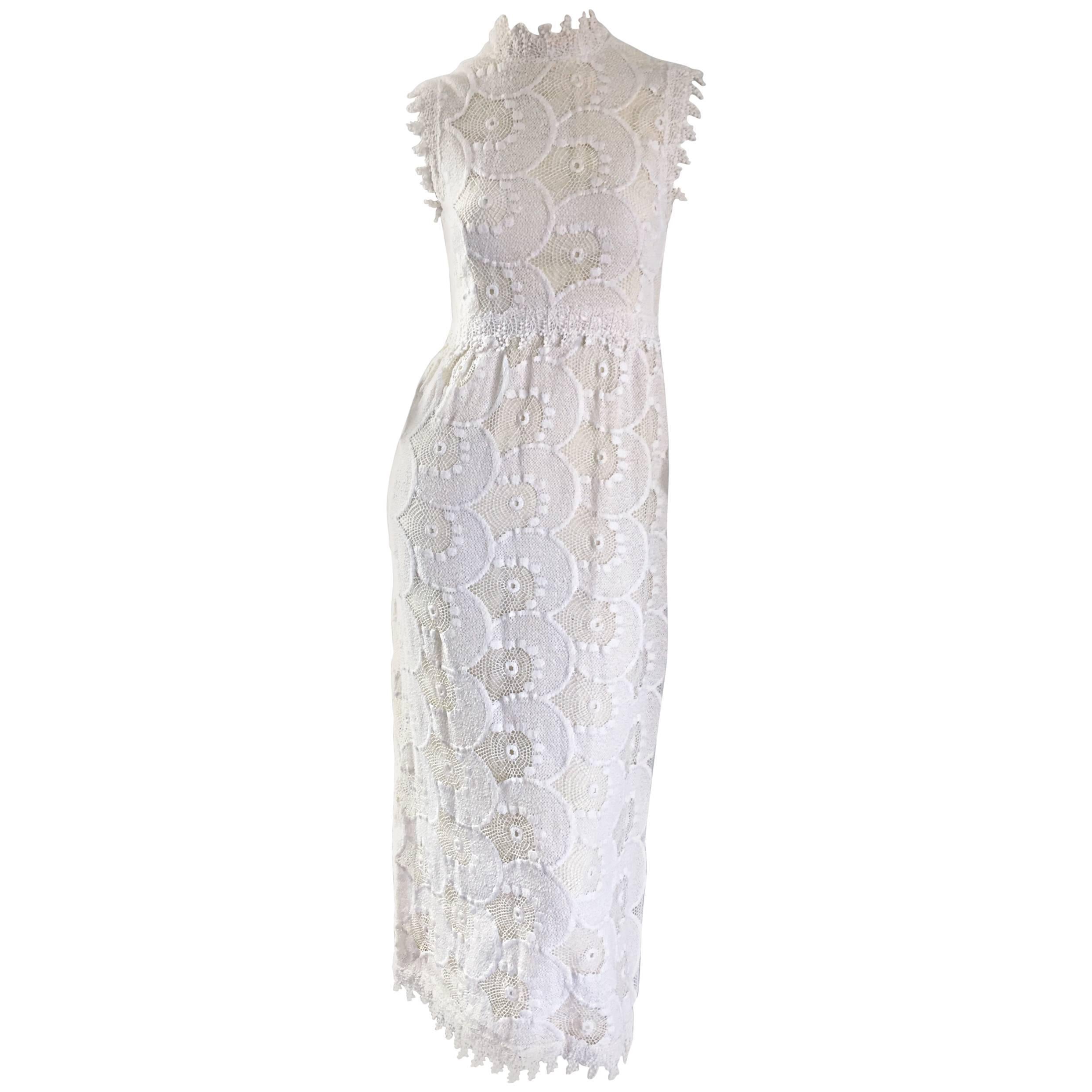 Vintage 1960s Gloria Sachs Ivory Lace Crochet Midi Tea Length Dress For ...