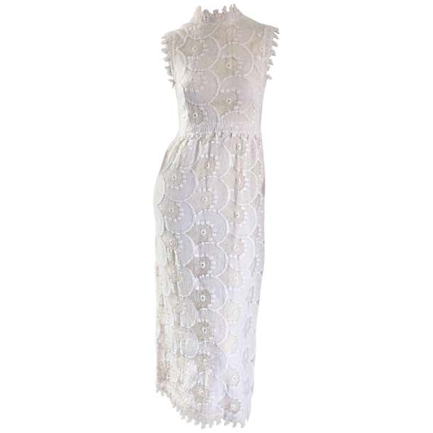 Vintage 1960s Gloria Sachs Ivory Lace Crochet Midi Tea Length Dress For ...