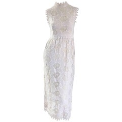 Vintage 1960s Gloria Sachs Ivory Lace Crochet Midi Tea Length Dress