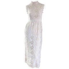  Retro 1960s Gloria Sachs Ivory Lace Crochet Midi Tea Length Dress