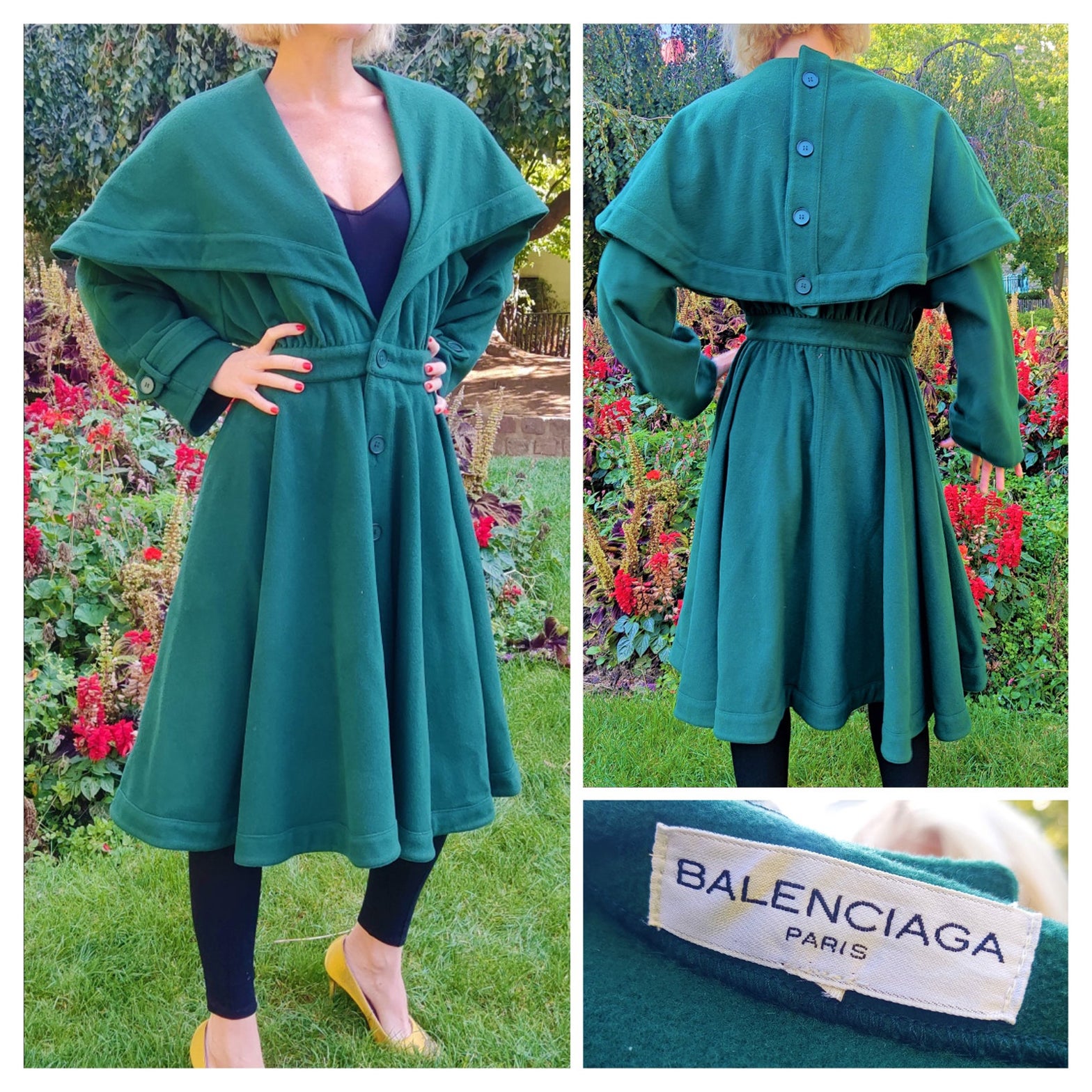 Balenciaga Evening Ball Gown Wool Cashmere Wasp Waist 80s Green Jacket Coat
