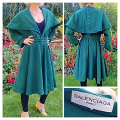 Vintage Balenciaga Evening Ball Gown Wool Cashmere Wasp Waist 80s Green Jacket Coat