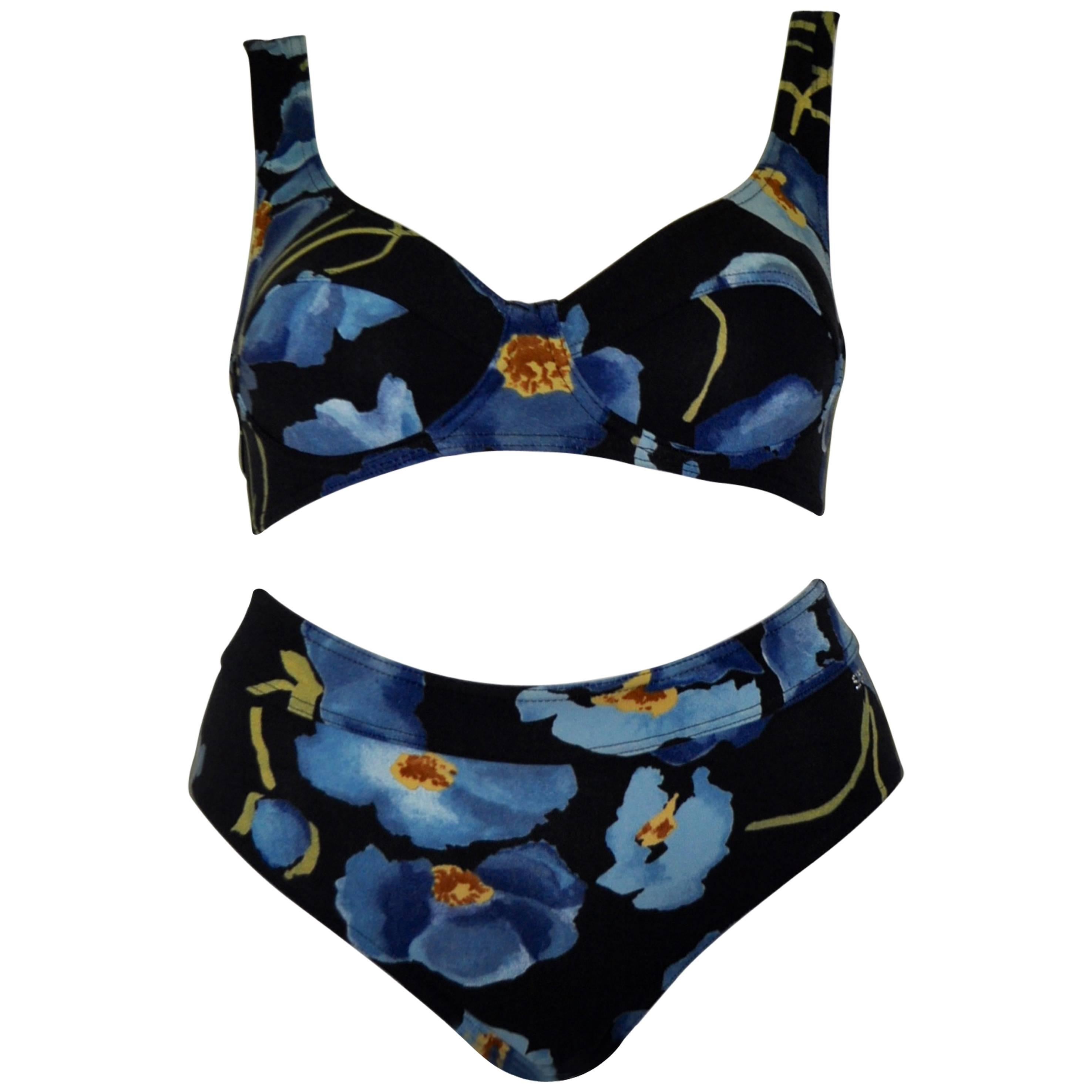 Special Sonia Rykiel High Waisted Blue Floral Two-Piece Bathing Suit For Sale