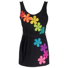 1970s Deweese One Piece Mod Flower Power Skirted Swimsuit 9