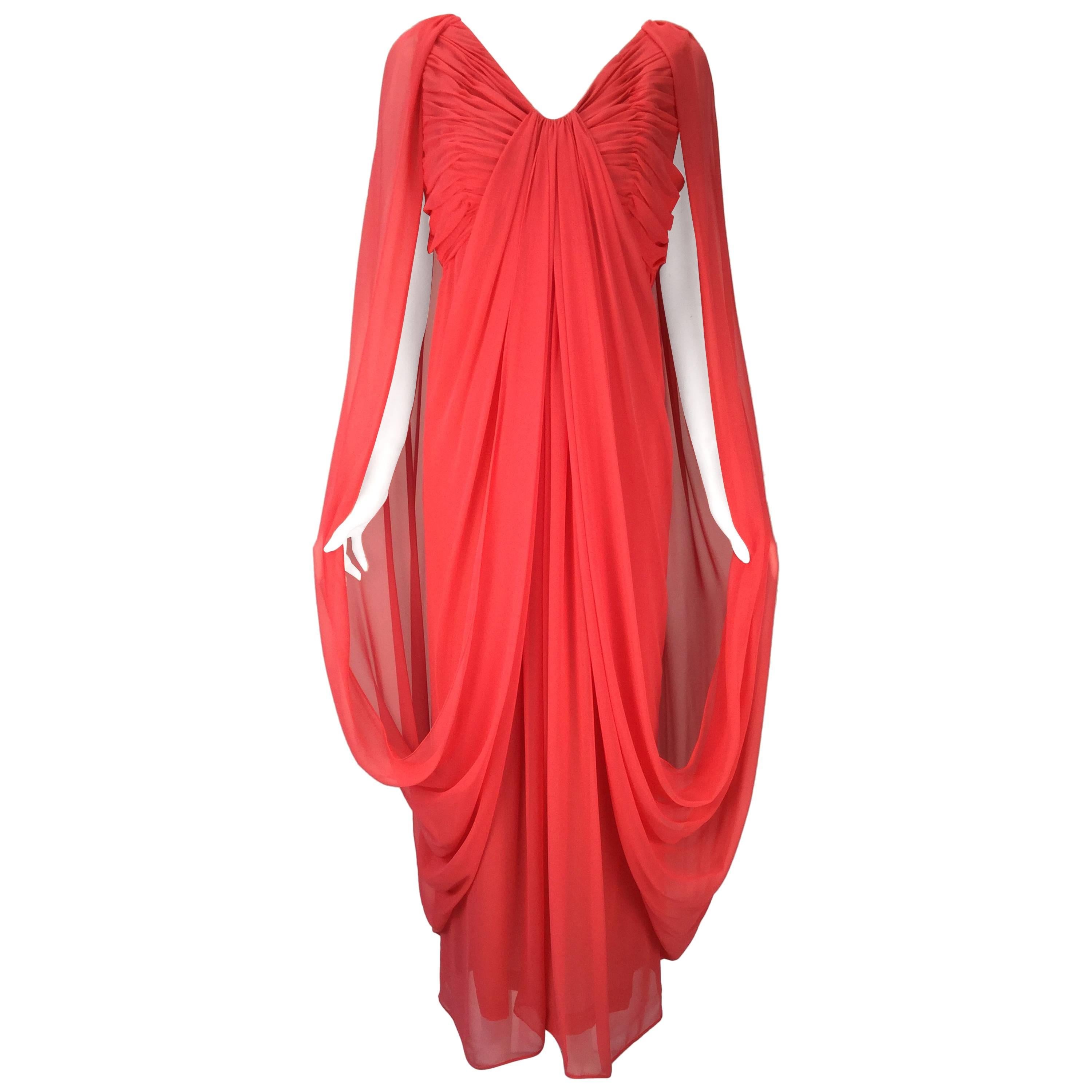 Victor Costa Coral Grecian Draped Chiffon Evening Dress, 1970s  