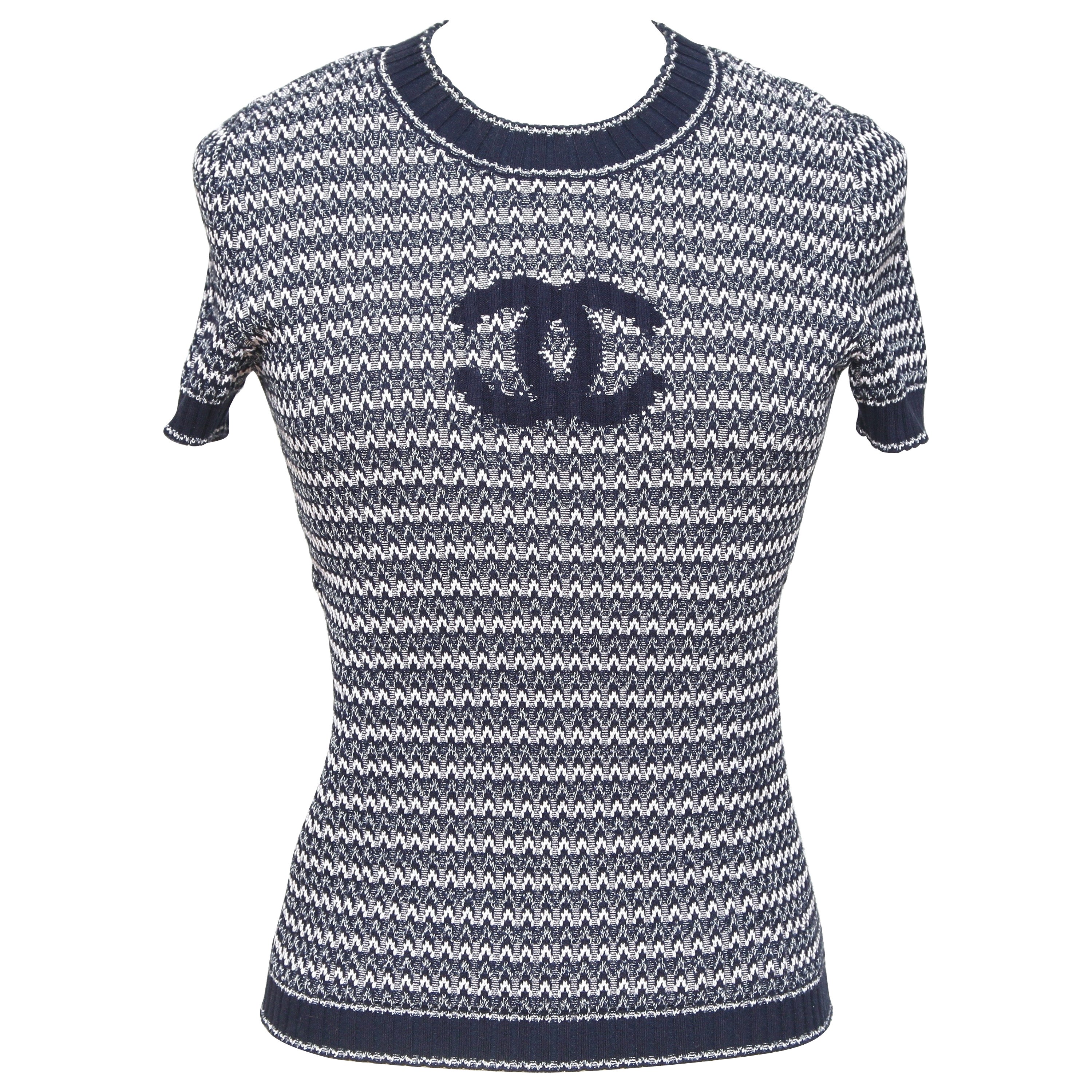 CHANEL Short Sleeve Sweater Top Knit Striped Blue Navy CC