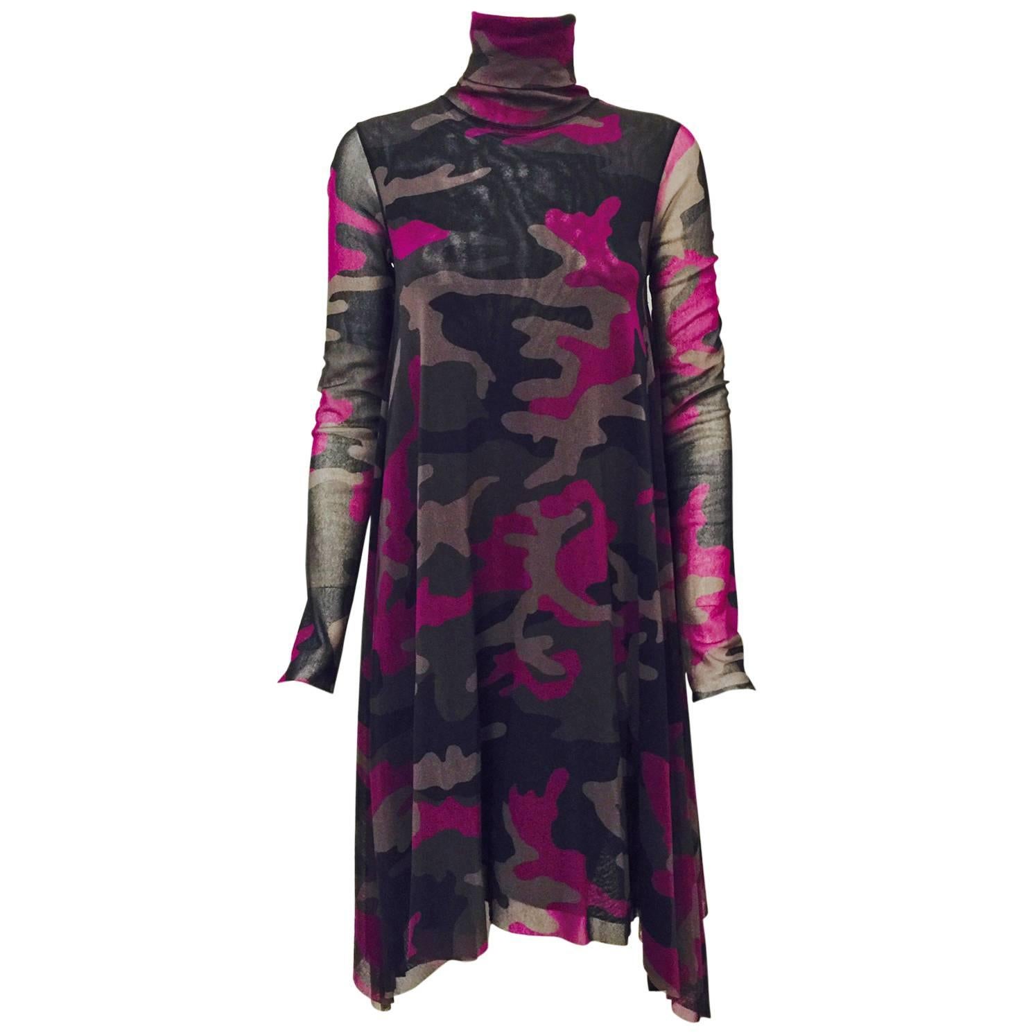 Jean Paul Gaultier Soleil Camouflage Turtleneck Long Sleeve Shift Dress 