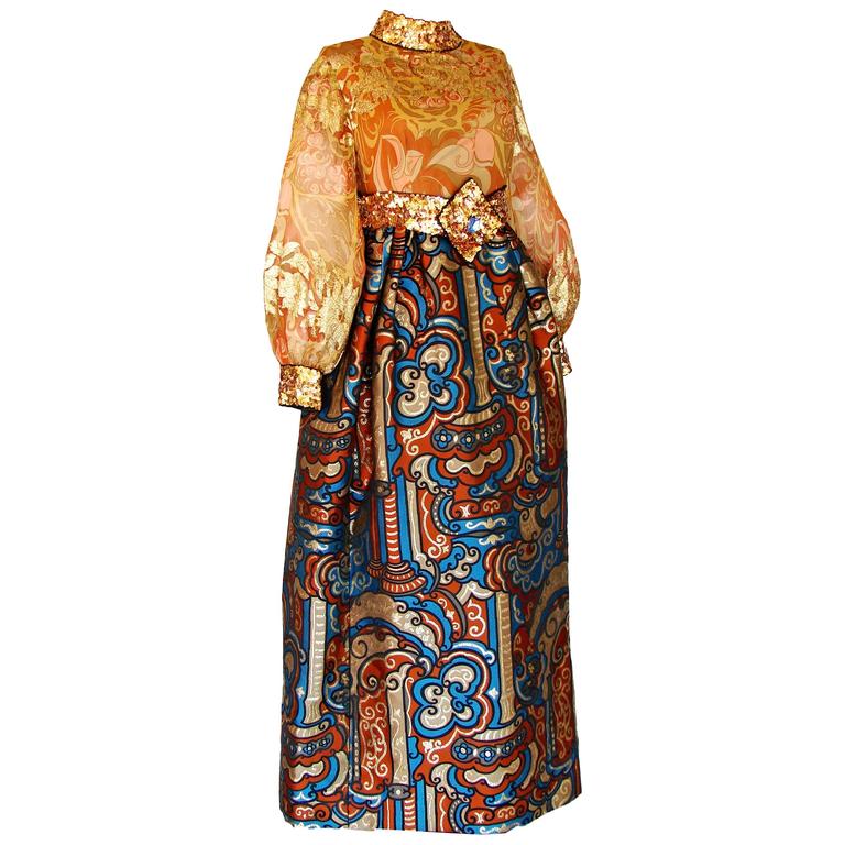 Burke Amey Evening Gown Belted Silk + Bold Brocade Tapestry Dress Sz S 70s For Sale at 1stdibs