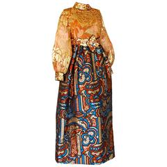 Burke Amey Evening Gown Belted Silk + Bold Brocade Tapestry Dress Sz S 70s 1