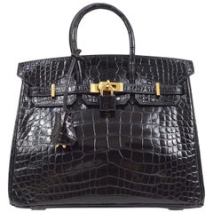 HERMES Birkin 25 Black Alligator Crocodile Exotic Leather Gold Hardware Tote Bag
