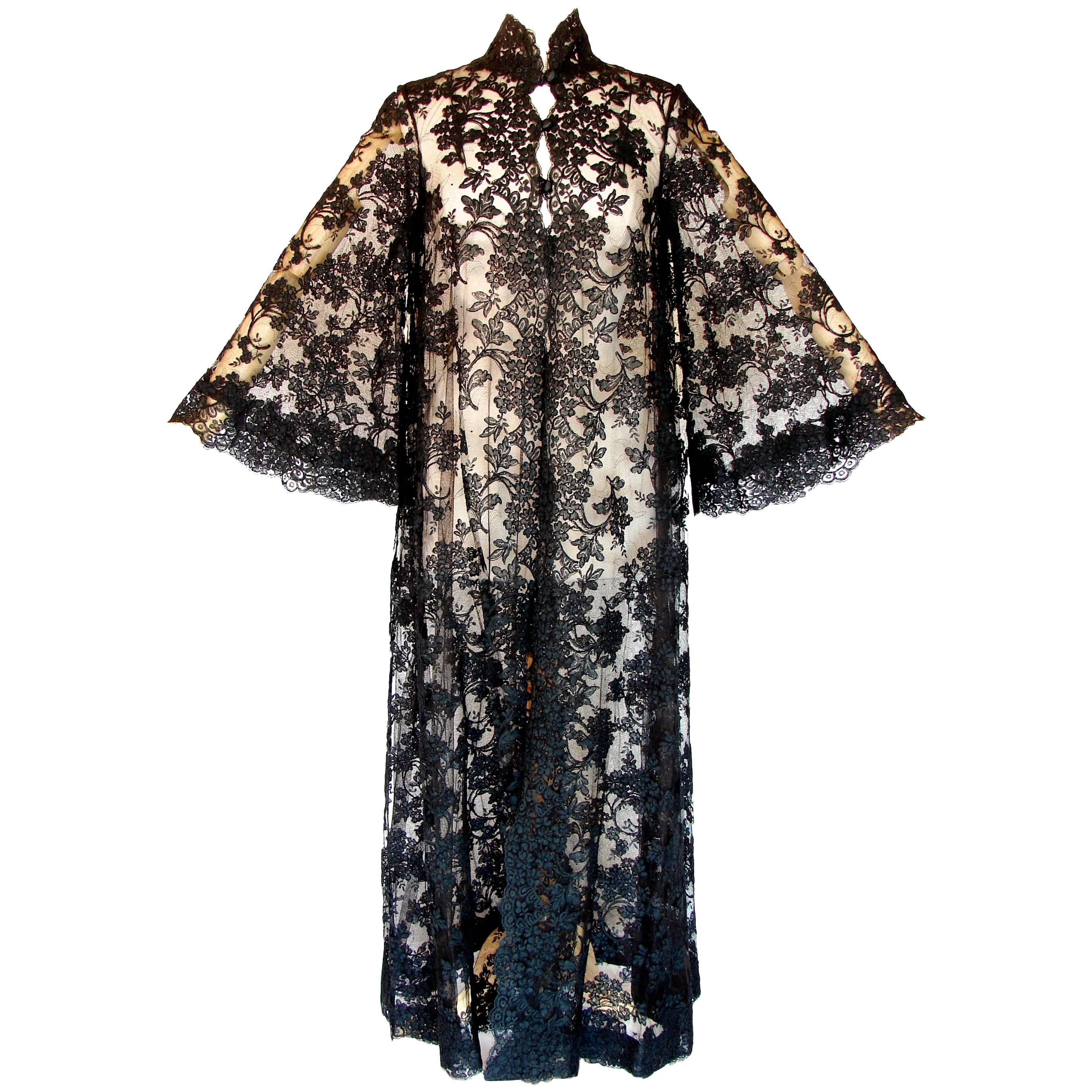 Ron Amey Attr. Fabulous Black Lace Opera Coat with Angel Sleeves Size M 1970s