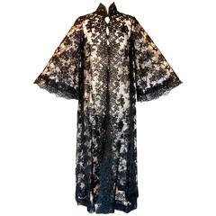 Ron Amey Attr. Fabulous Black Lace Opera Coat with Angel Sleeves Size M 1970s