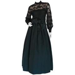Romantic Ronald Amey Black Floral Lace + Silk Taffeta Evening Gown Size M 1970s 6