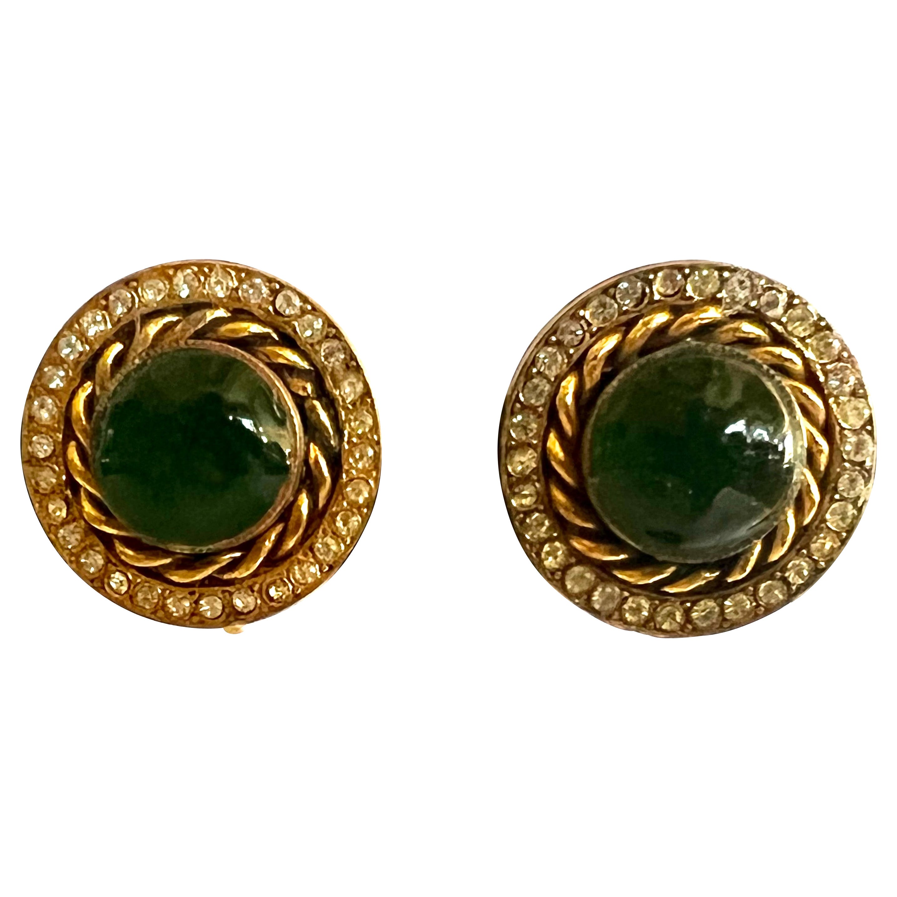 Vintage Green Glass Diamante Coco Chanel Button Earrings 
