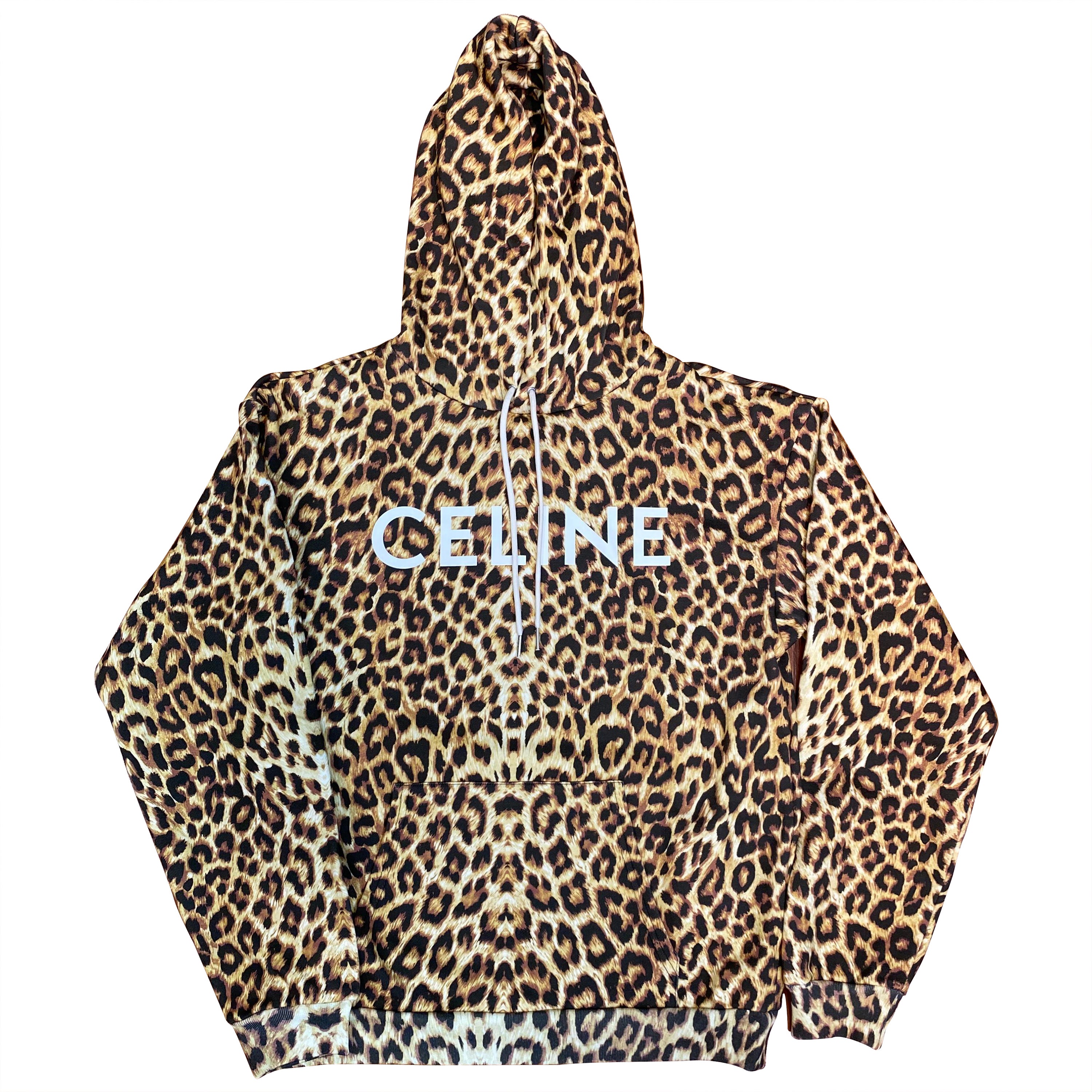 Celine Leopard Print Logo Pullover Hoodie size Small For Sale